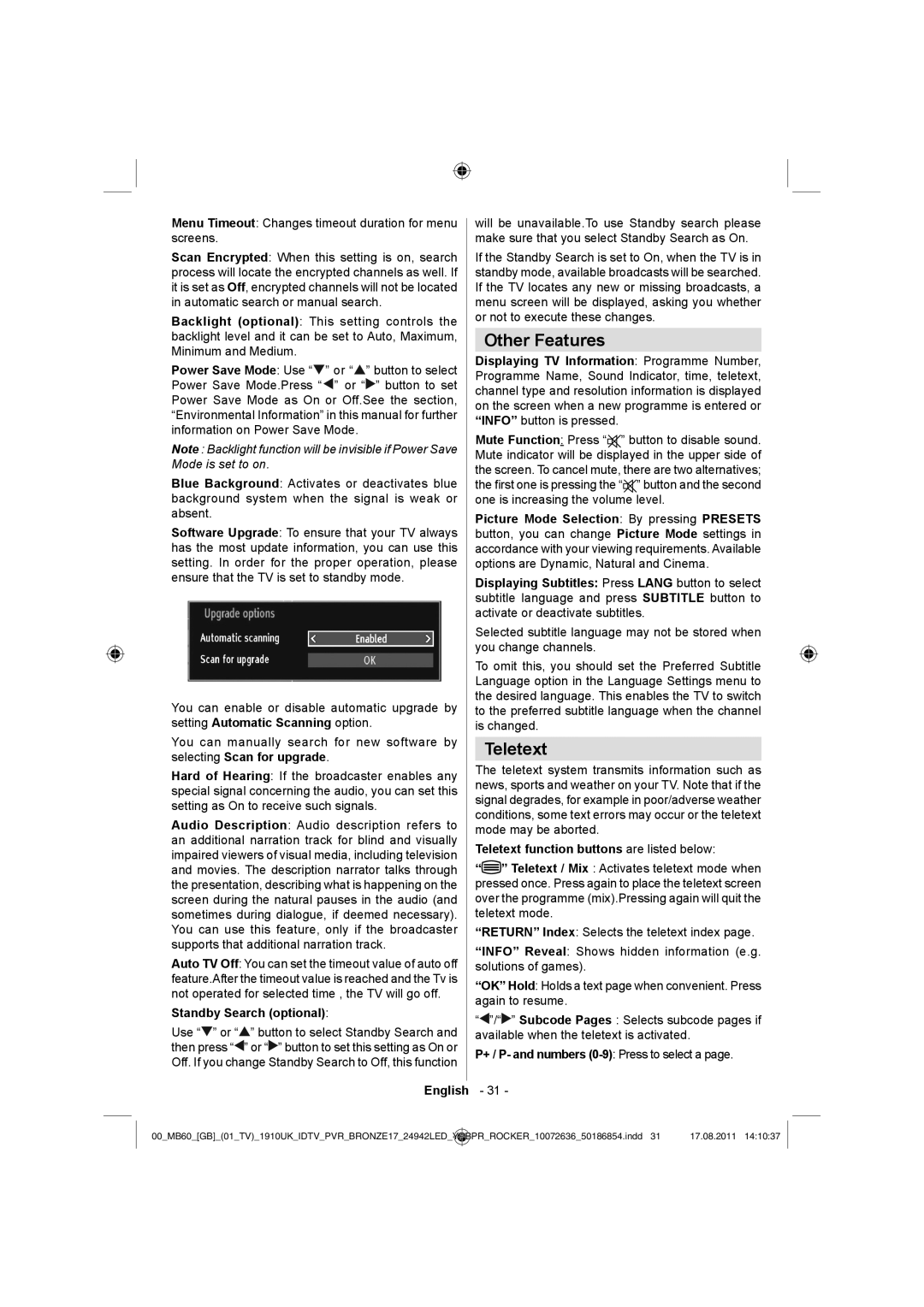 Sharp LC-24DV510K operation manual Other Features, Standby Search optional, Teletext function buttons are listed below 