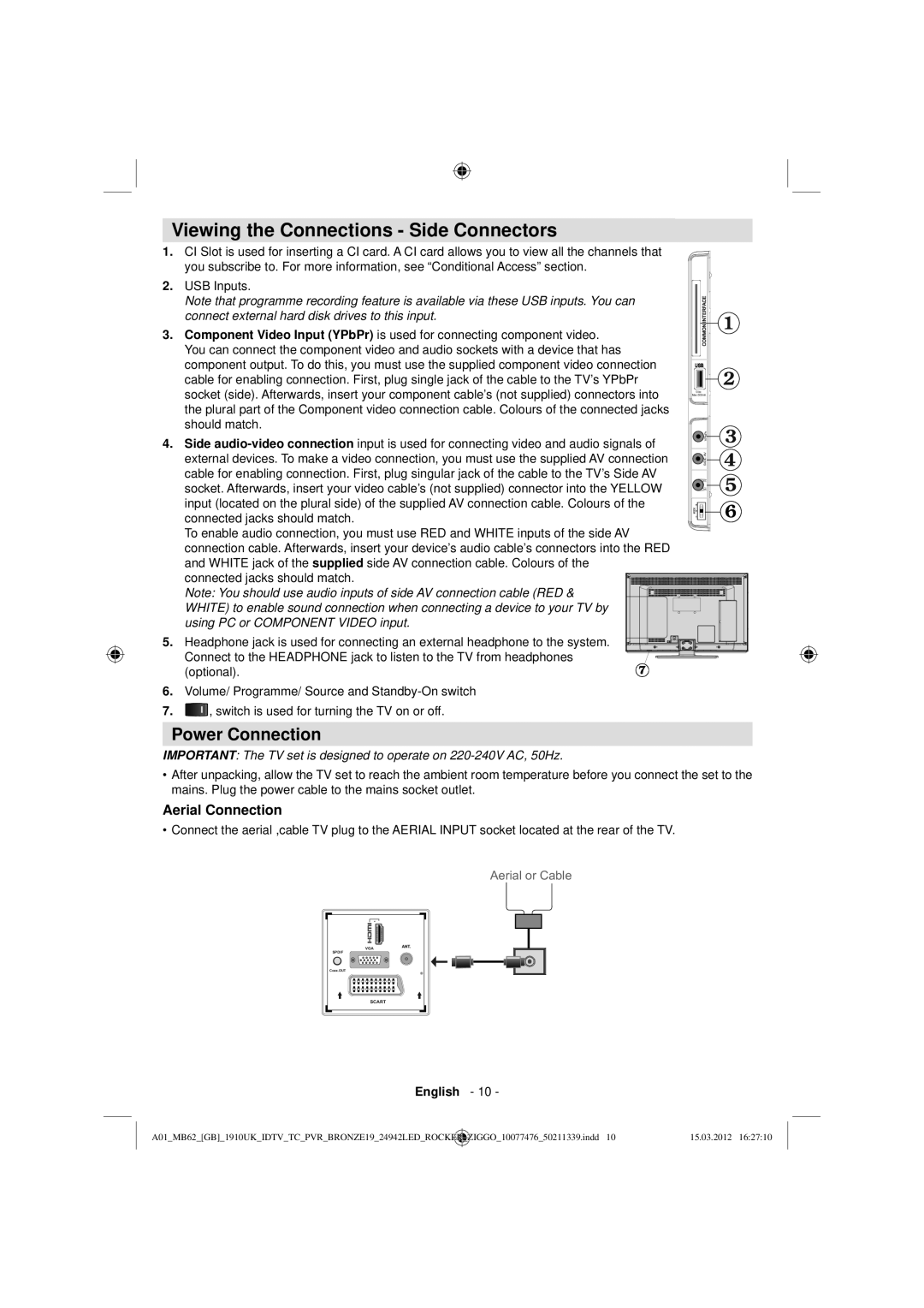 Sharp LC-24LE240E operation manual Viewing the Connections Side Connectors, Power Connection, Aerial Connection 