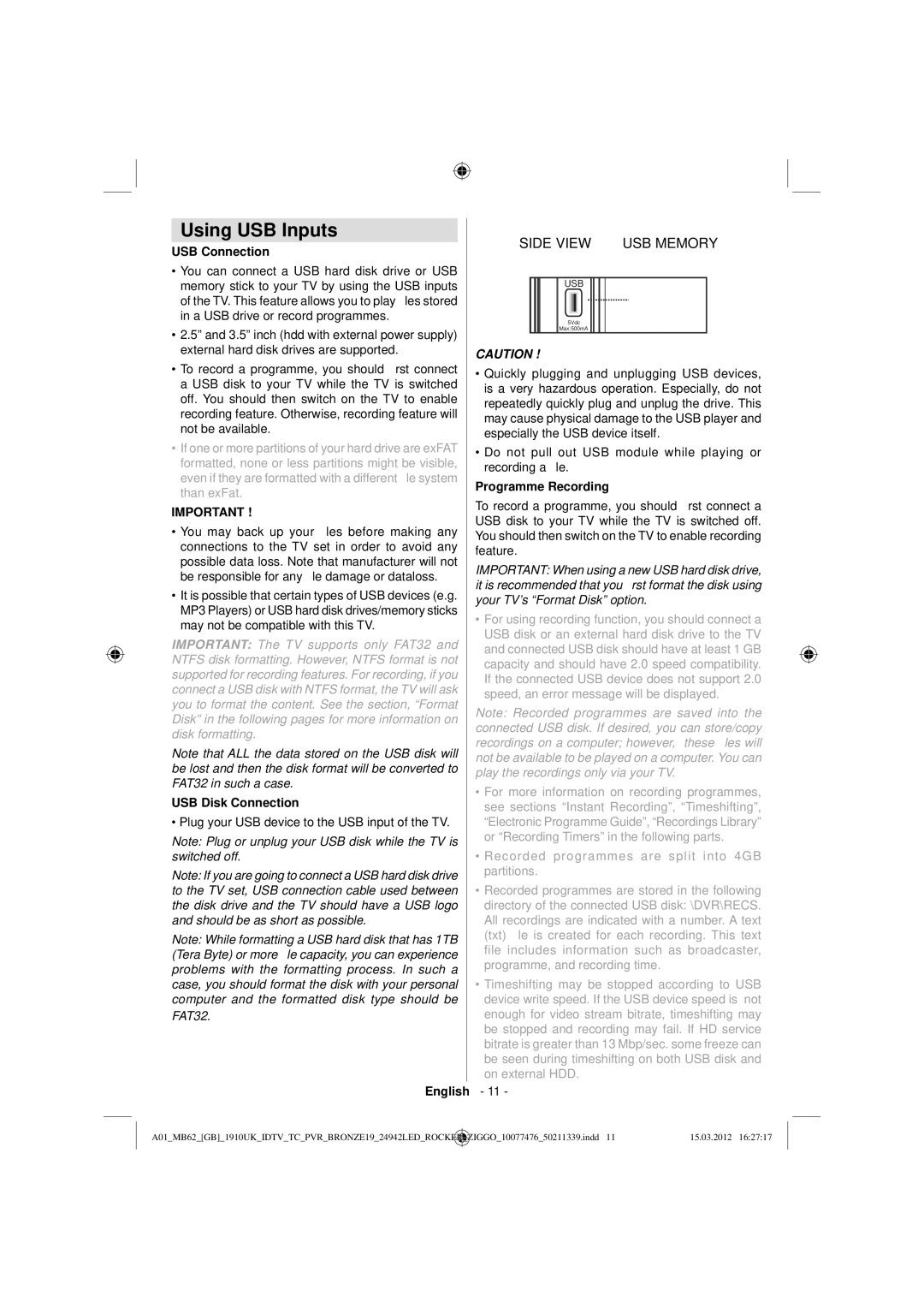 Sharp LC-24LE240E operation manual Using USB Inputs, USB Connection, USB Disk Connection, Programme Recording 