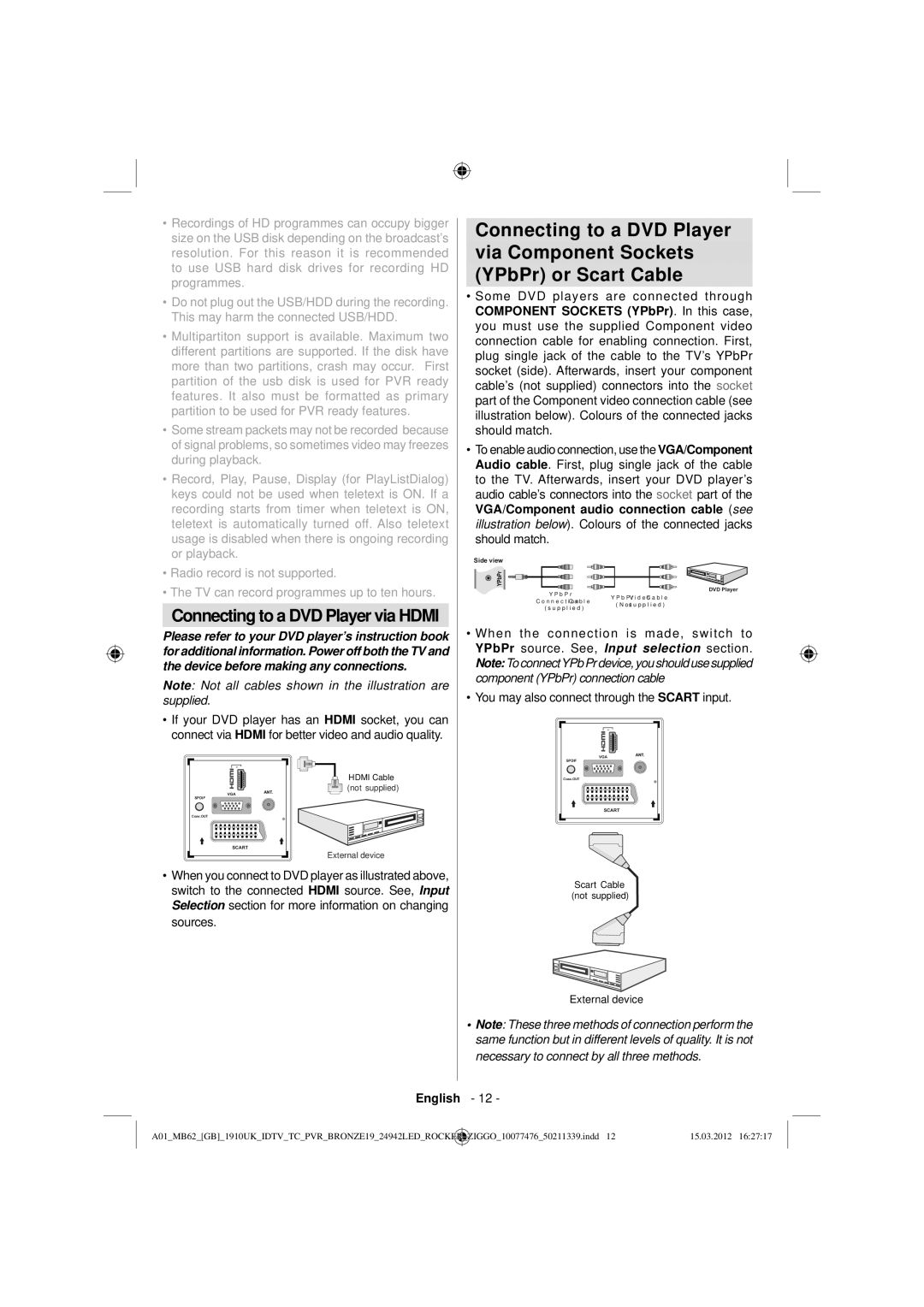 Sharp LC-24LE240E operation manual Connecting to a DVD Player via Hdmi, Partition to be used for PVR ready features 