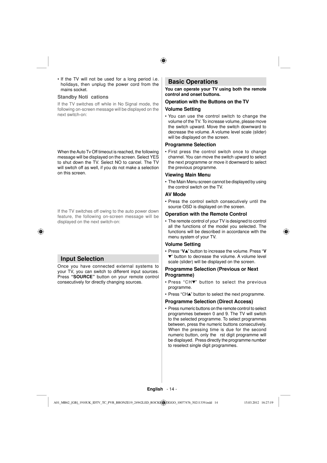 Sharp LC-24LE240E operation manual Input Selection, Basic Operations 