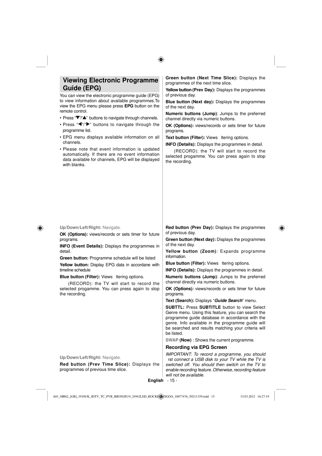 Sharp LC-24LE240E operation manual Viewing Electronic Programme Guide EPG, Recording via EPG Screen 