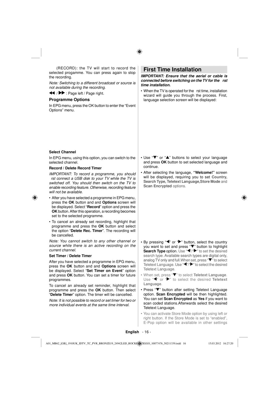 Sharp LC-24LE240E operation manual First Time Installation, Programme Options, Select Channel, Record / Delete Record Timer 