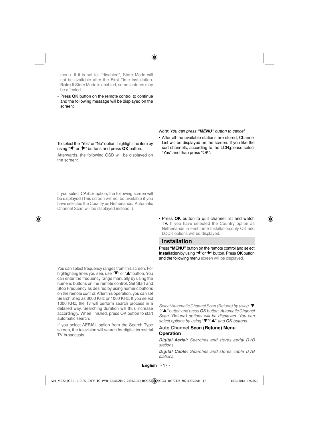 Sharp LC-24LE240E operation manual Installation, Auto Channel Scan Retune Menu Operation 