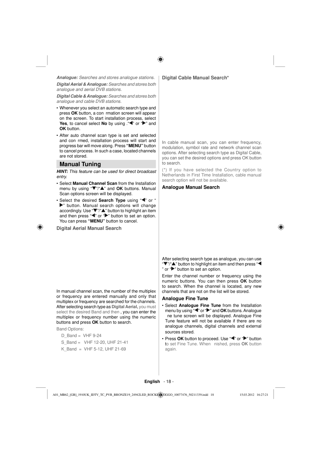 Sharp LC-24LE240E operation manual Manual Tuning, Analogue Manual Search, Analogue Fine Tune 