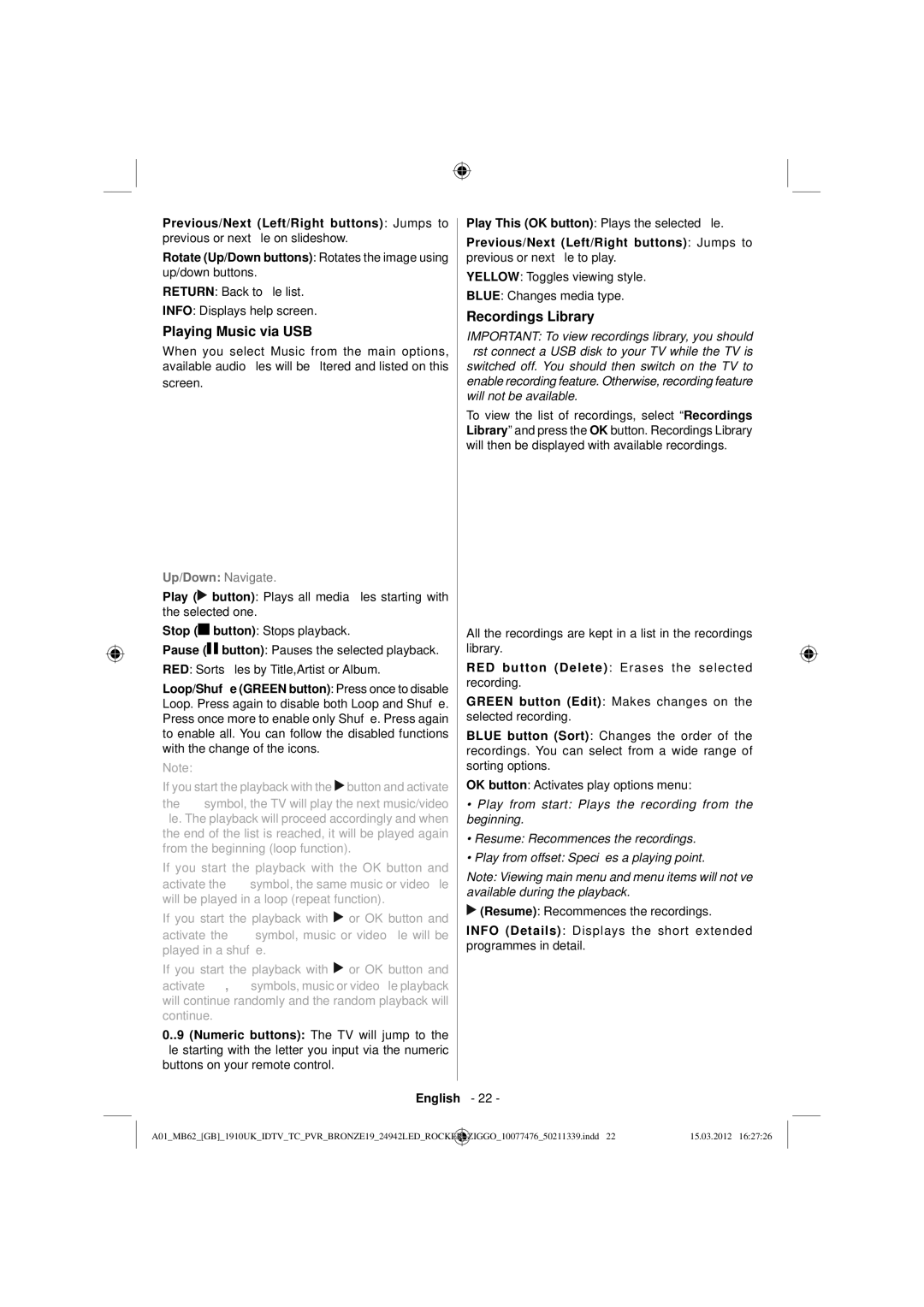 Sharp LC-24LE240E operation manual Playing Music via USB, Recordings Library 