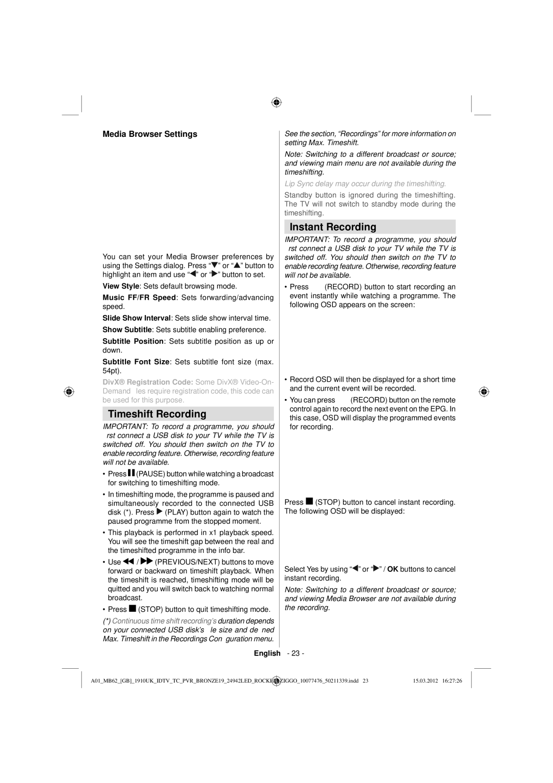 Sharp LC-24LE240E operation manual Timeshift Recording, Instant Recording, Media Browser Settings 