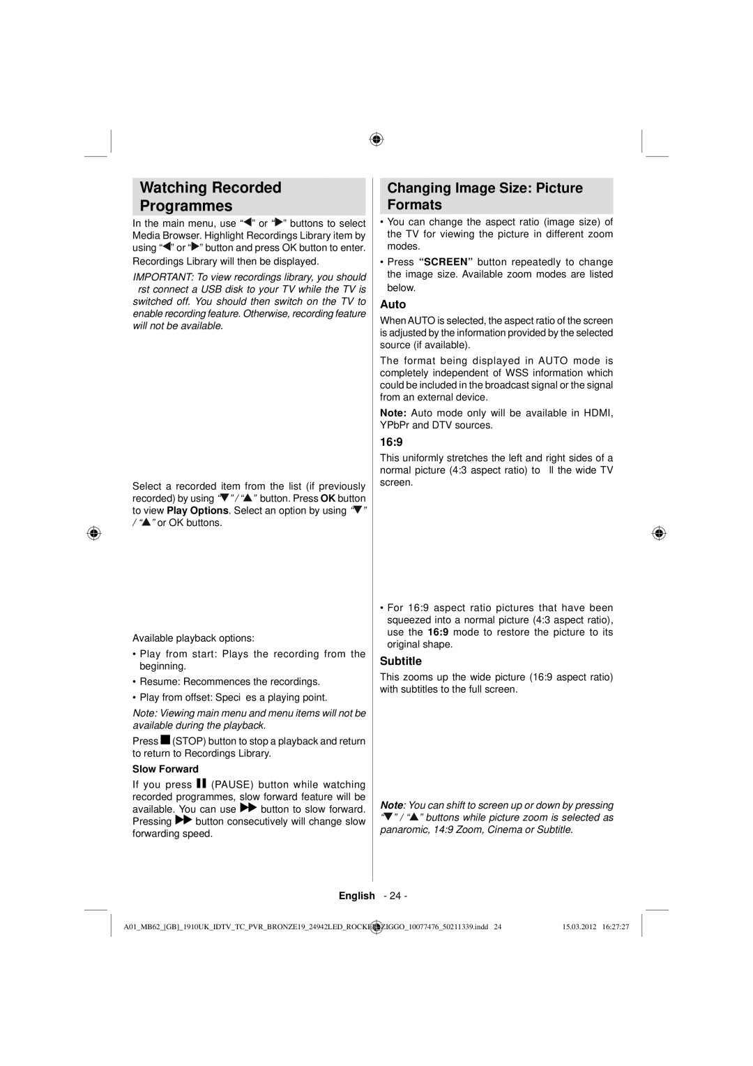 Sharp LC-24LE240E operation manual Watching Recorded Programmes, Changing Image Size Picture Formats, Auto, 169, Subtitle 