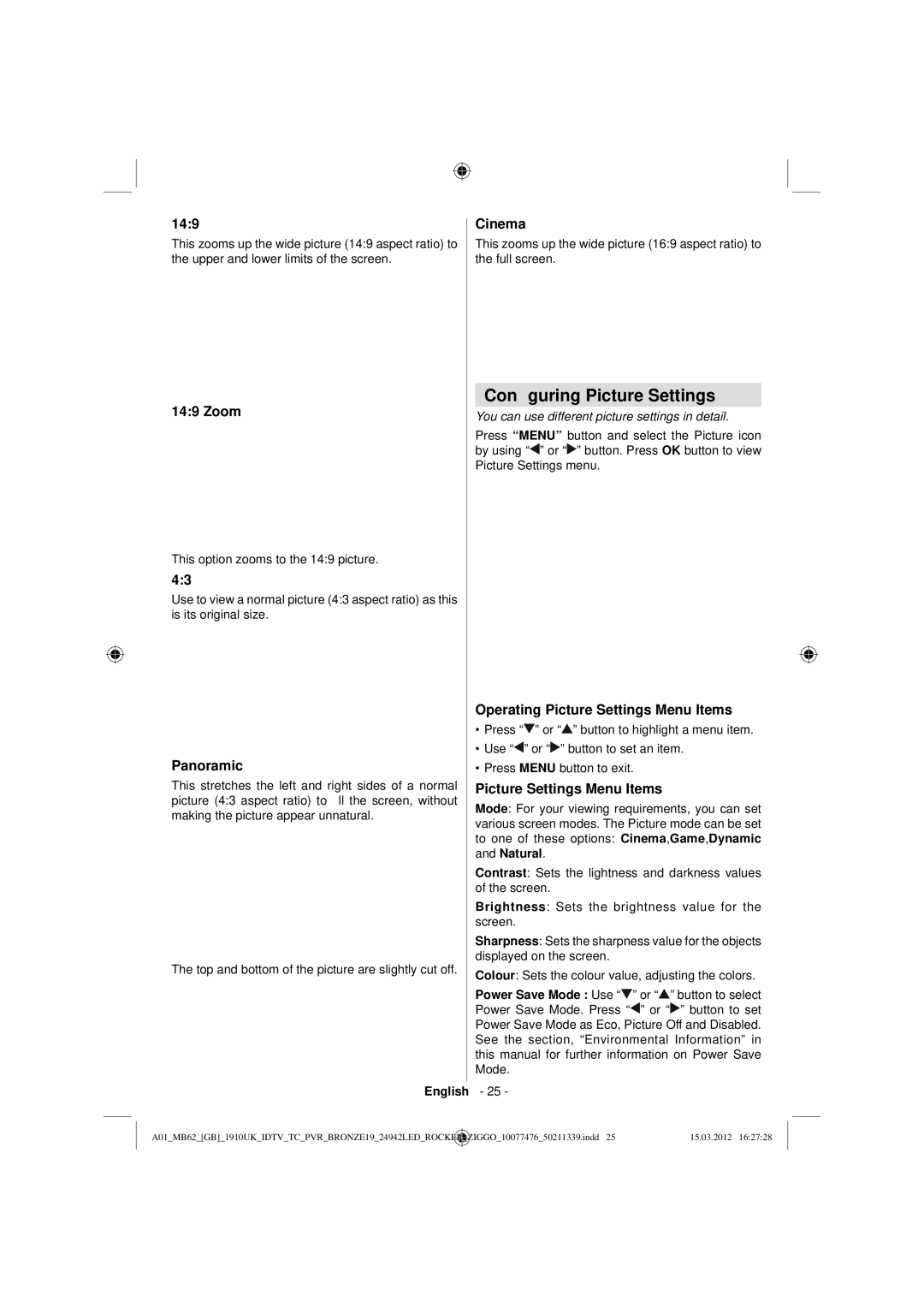 Sharp LC-24LE240E operation manual Conﬁguring Picture Settings 