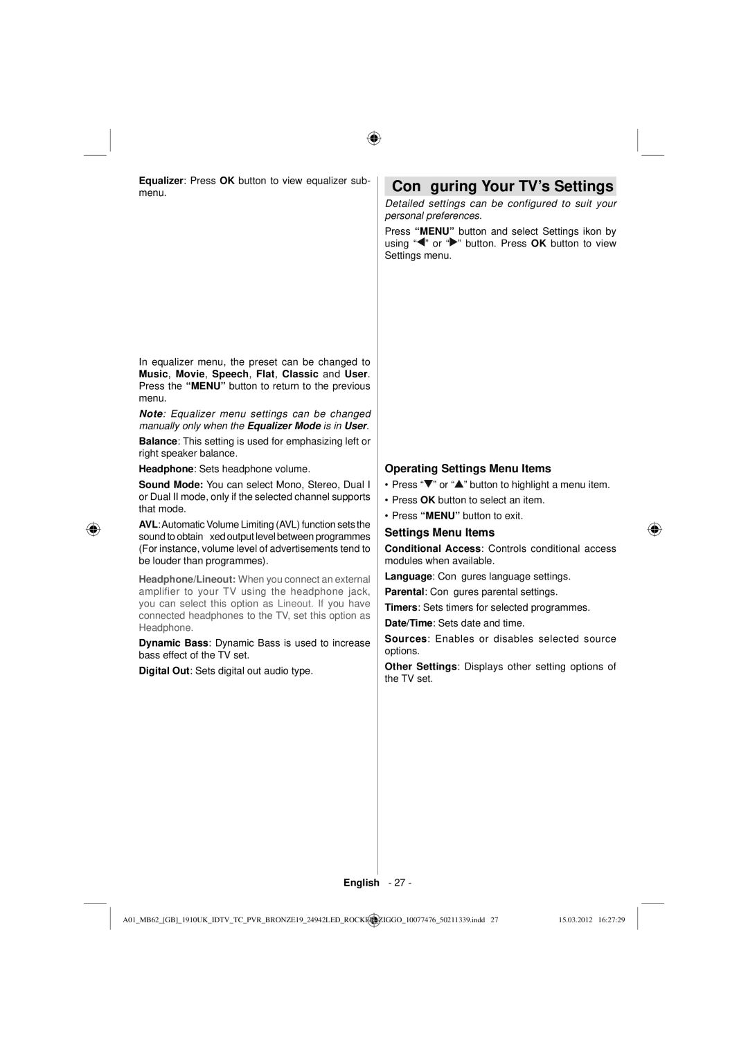 Sharp LC-24LE240E operation manual Conﬁguring Your TV’s Settings, Operating Settings Menu Items 