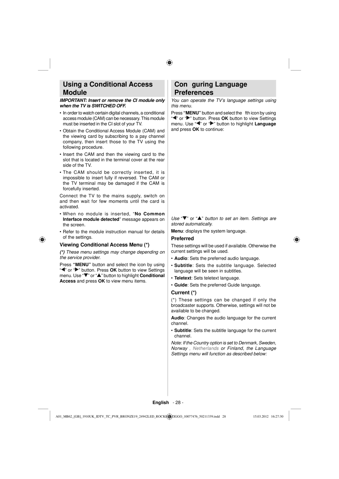 Sharp LC-24LE240E Using a Conditional Access Module, Conﬁguring Language Preferences, Viewing Conditional Access Menu 