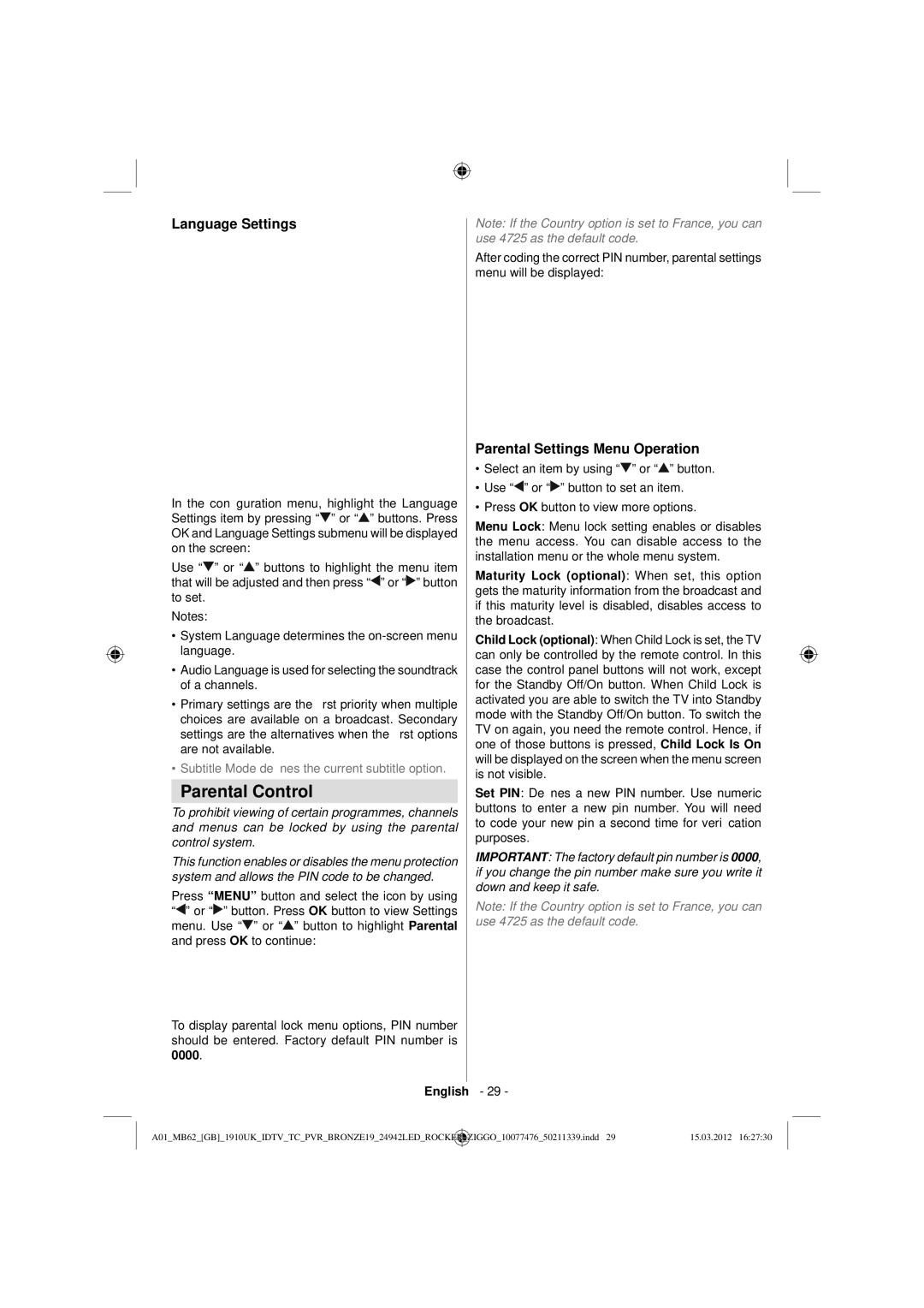 Sharp LC-24LE240E operation manual Parental Control, Language Settings, Parental Settings Menu Operation 