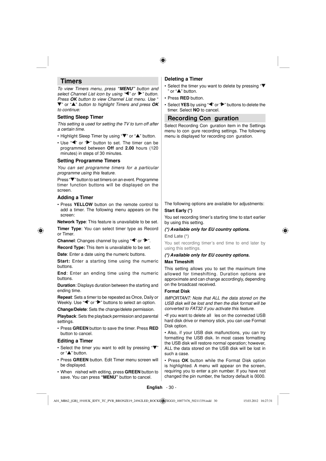 Sharp LC-24LE240E operation manual Timers, Recording Conﬁguration 