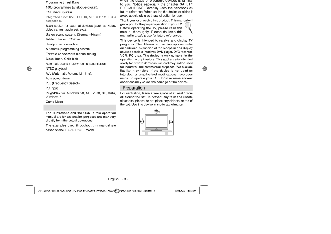 Sharp LC-24LE240E operation manual Dear Sharp customer, Features, Introduction, Preparation 