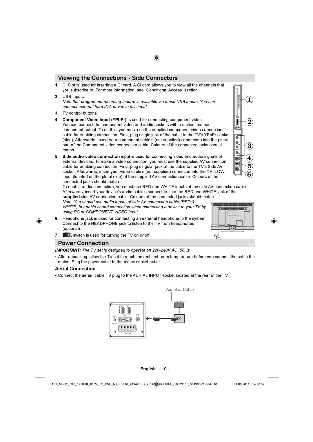 Sharp LC-24LE510E operation manual Viewing the Connections Side Connectors, Power Connection, Aerial Connection 