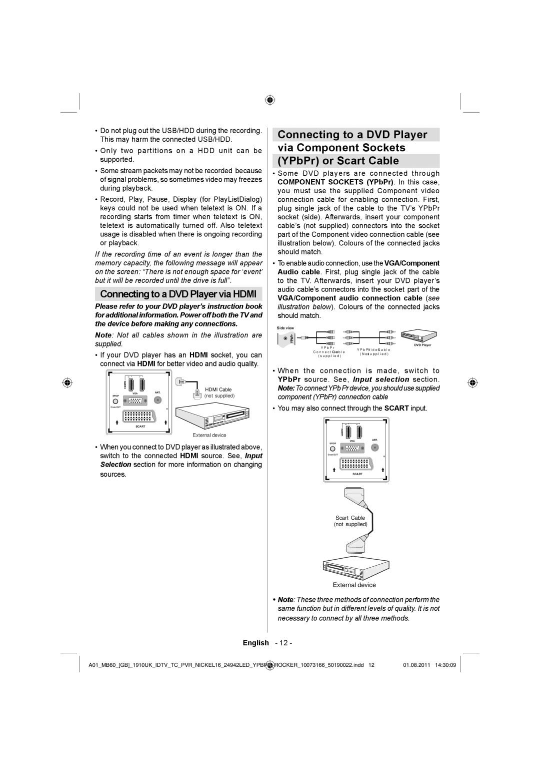 Sharp LC-24LE510E operation manual Connecting to a DVD Player via Hdmi 