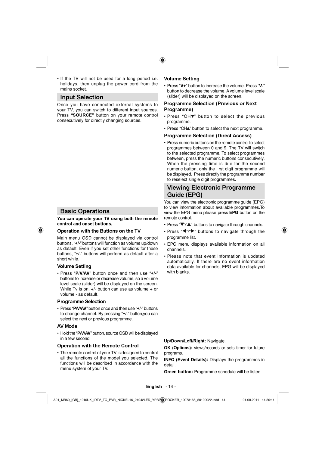 Sharp LC-24LE510E operation manual Input Selection, Basic Operations, Viewing Electronic Programme Guide EPG 