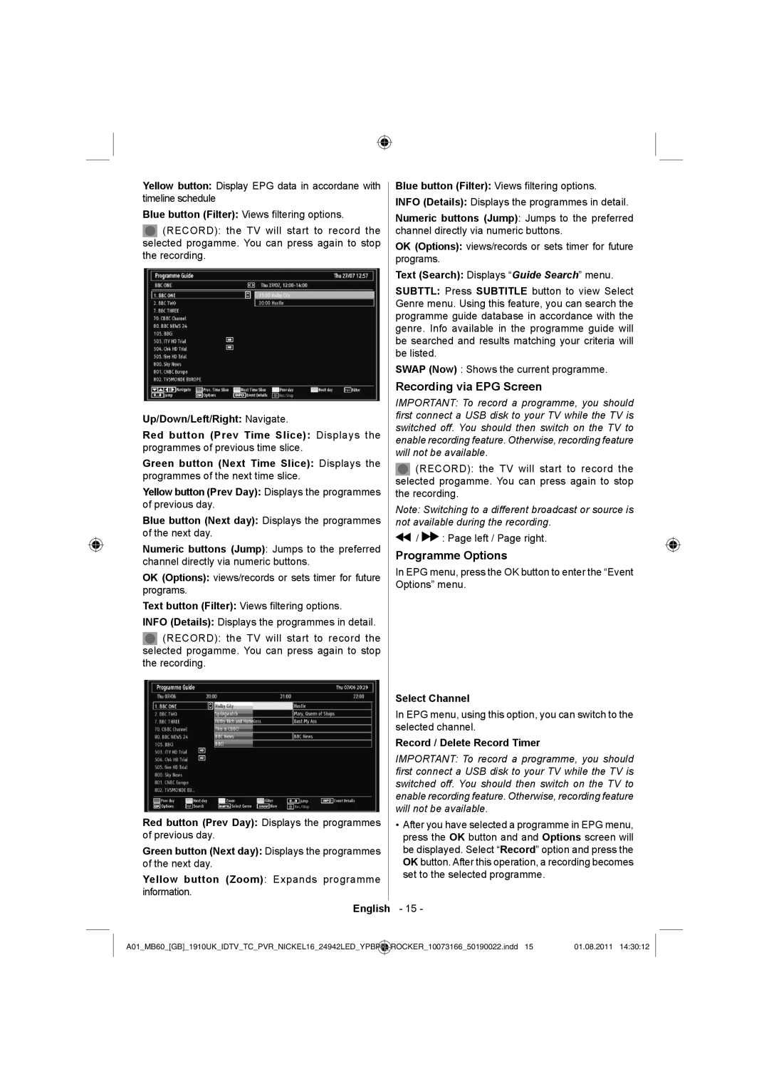 Sharp LC-24LE510E Recording via EPG Screen, Programme Options, Select Channel, Record / Delete Record Timer 