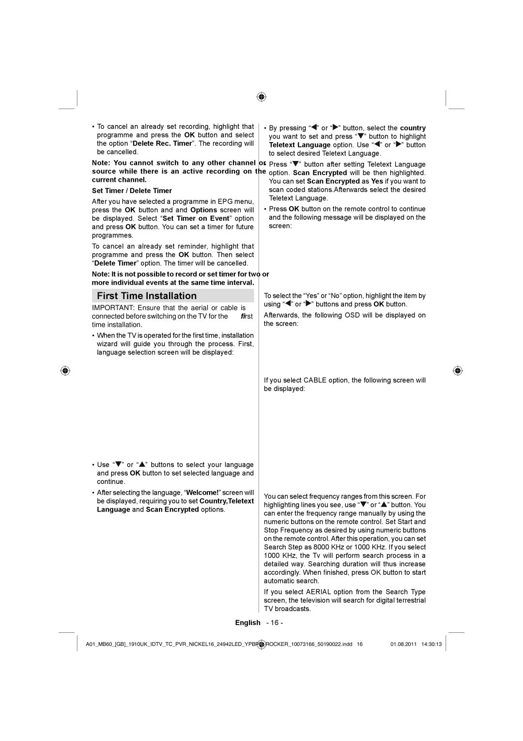 Sharp LC-24LE510E operation manual First Time Installation, Set Timer / Delete Timer 