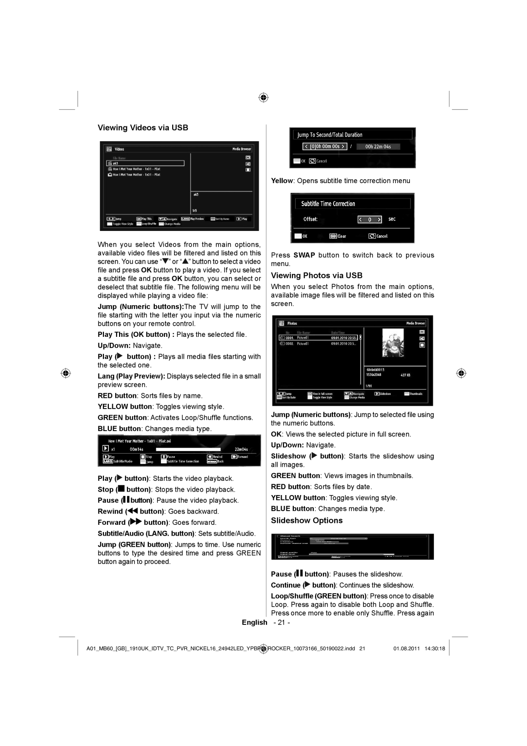 Sharp LC-24LE510E operation manual Viewing Videos via USB, Viewing Photos via USB, Slideshow Options 