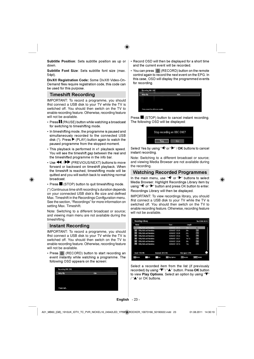 Sharp LC-24LE510E operation manual Timeshift Recording, Instant Recording, Watching Recorded Programmes 