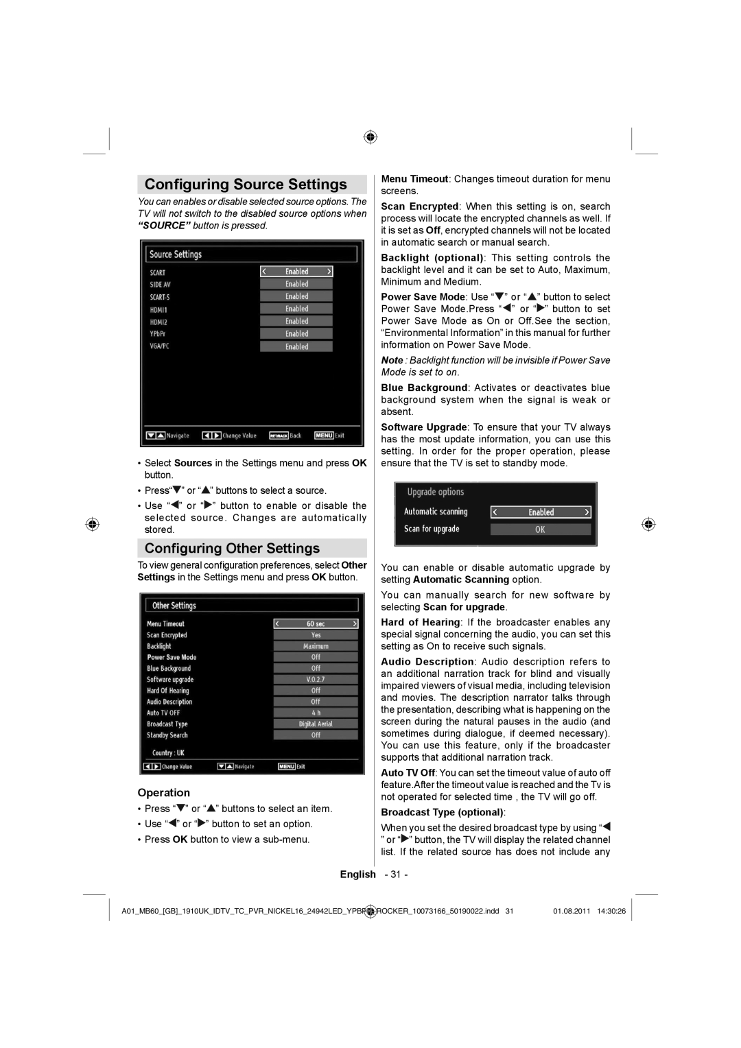 Sharp LC-24LE510E Conﬁguring Source Settings, Conﬁguring Other Settings, Operation, Broadcast Type optional 