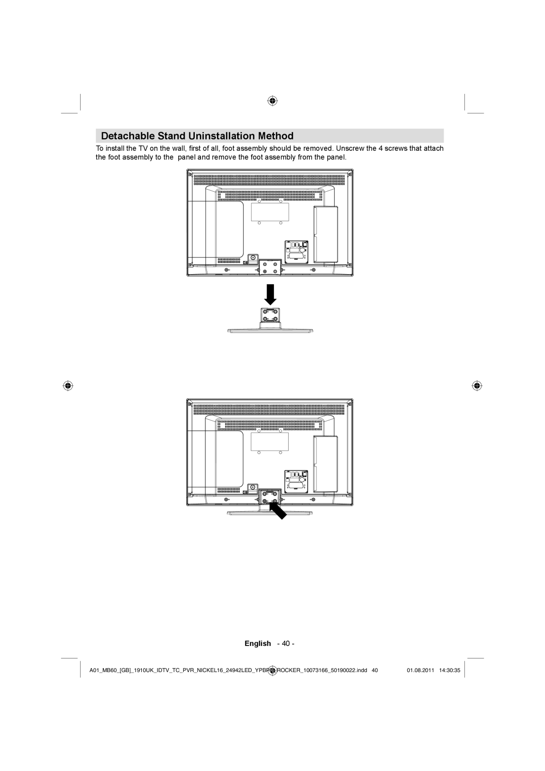 Sharp LC-24LE510E operation manual Detachable Stand Uninstallation Method 