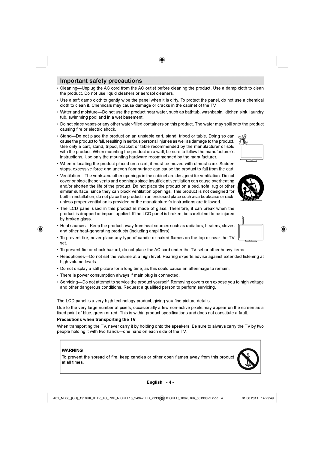 Sharp LC-24LE510E operation manual Important safety precautions, Precautions when transporting the TV 