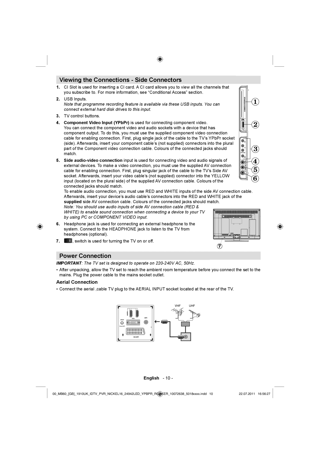 Sharp LC-24LE510K operation manual Viewing the Connections Side Connectors, Power Connection, Aerial Connection 