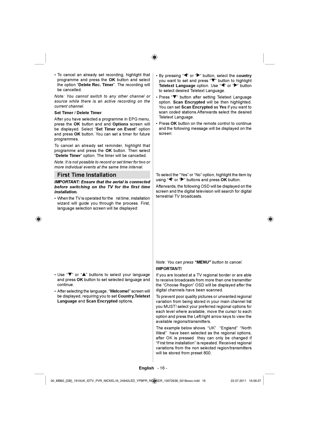 Sharp LC-24LE510K operation manual First Time Installation, Set Timer / Delete Timer 