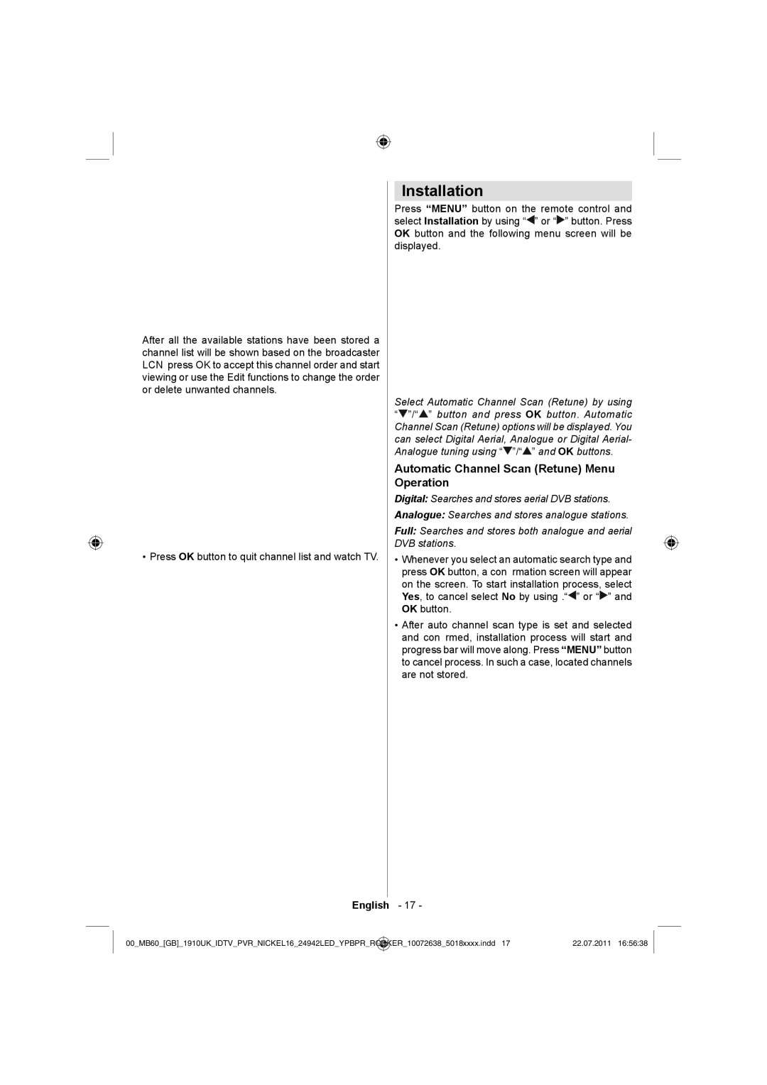 Sharp LC-24LE510K operation manual Installation, Automatic Channel Scan Retune Menu Operation 