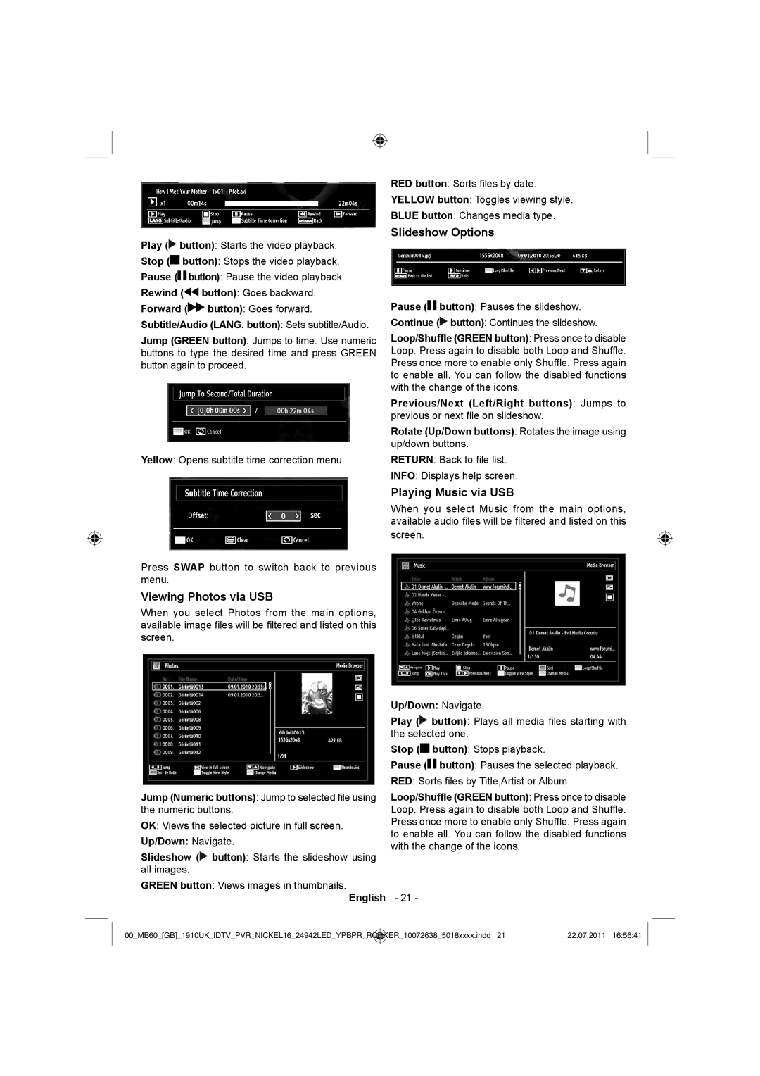 Sharp LC-24LE510K operation manual Viewing Photos via USB, Slideshow Options, Playing Music via USB 