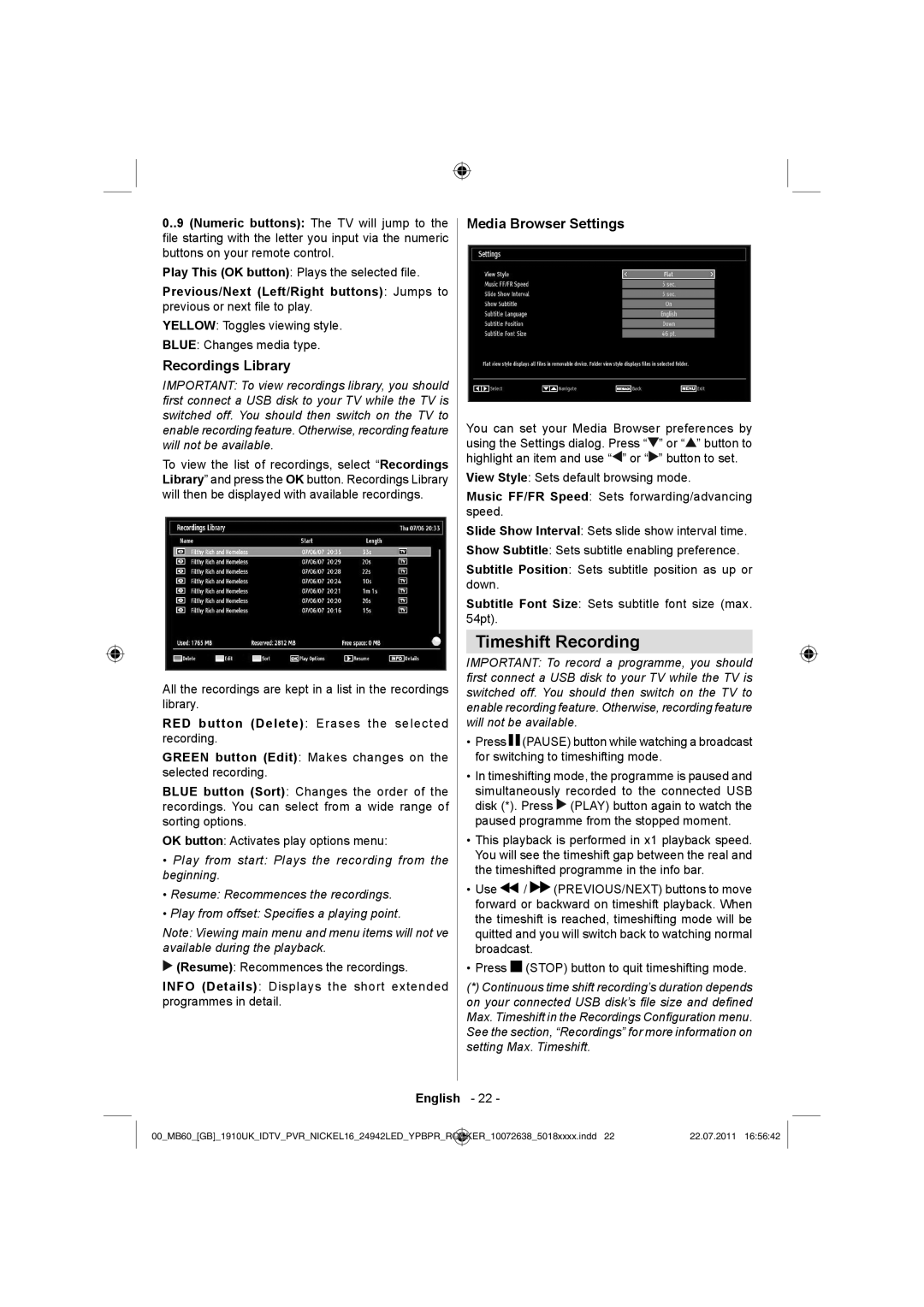 Sharp LC-24LE510K operation manual Timeshift Recording, Recordings Library, Media Browser Settings 