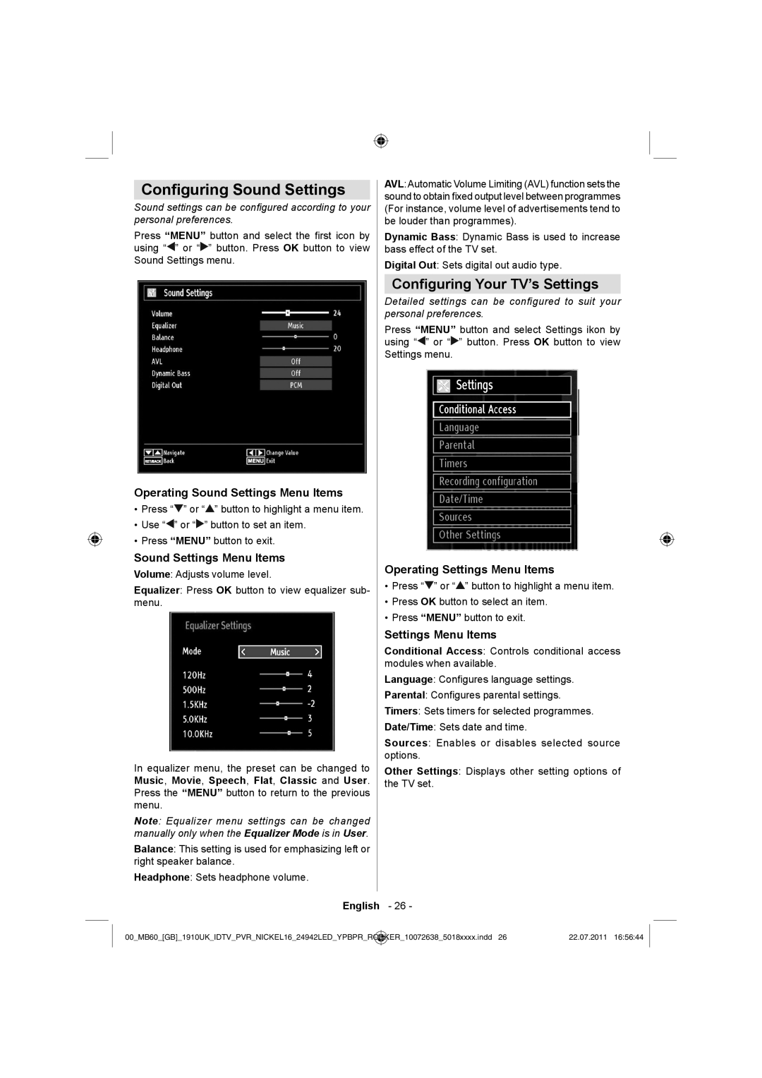 Sharp LC-24LE510K Operating Sound Settings Menu Items, Sound Settings Menu Items Operating Settings Menu Items 