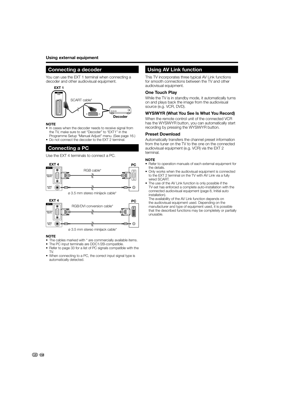 Sharp LC-26D44S, LC-26D44E operation manual Connecting a decoder, Connecting a PC, Using AV Link function 