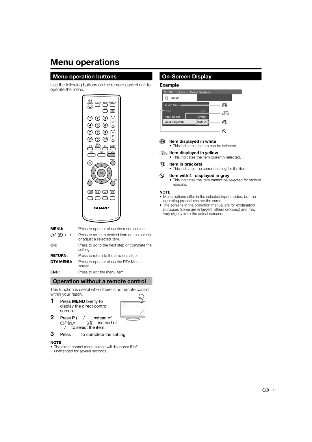 Sharp LC-26D44E, LC-26D44S Menu operations, Menu operation buttons, Operation without a remote control, On-Screen Display 