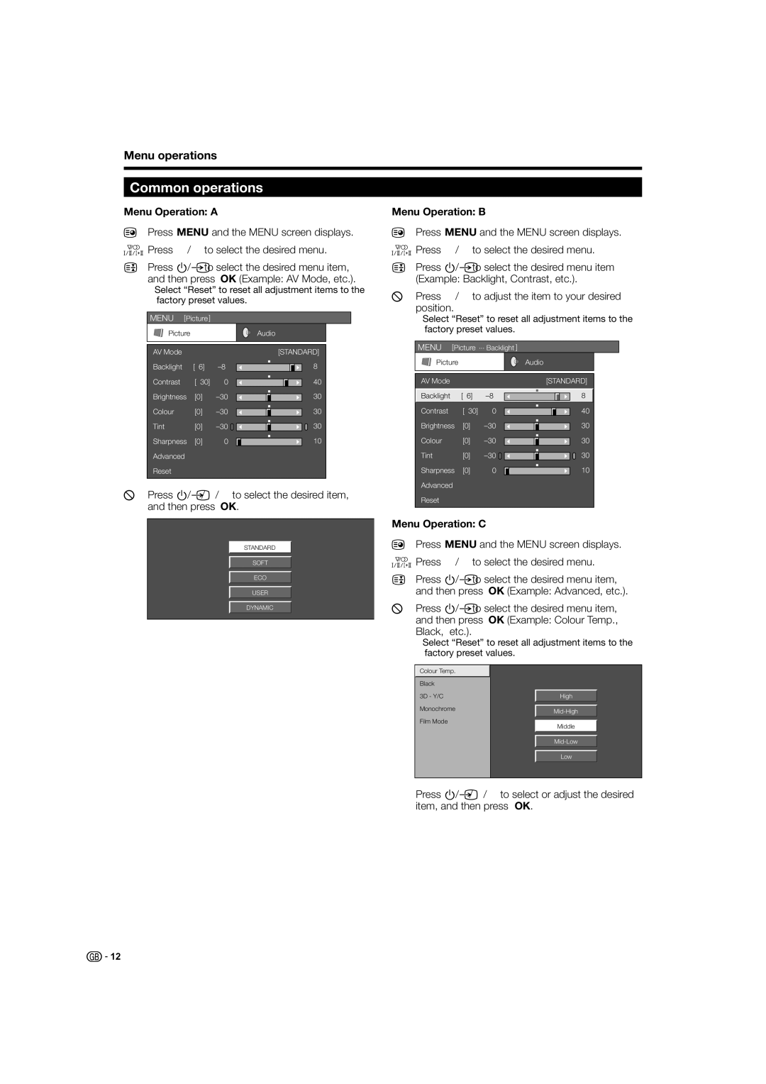 Sharp LC-26D44S, LC-26D44E Common operations, Menu operations, Menu Operation a, Menu Operation B, Menu Operation C 