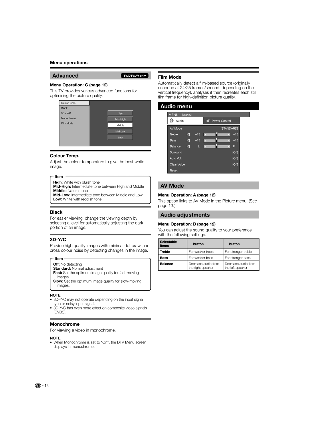 Sharp LC-26D44S, LC-26D44E operation manual Advanced, Audio menu, Audio adjustments 