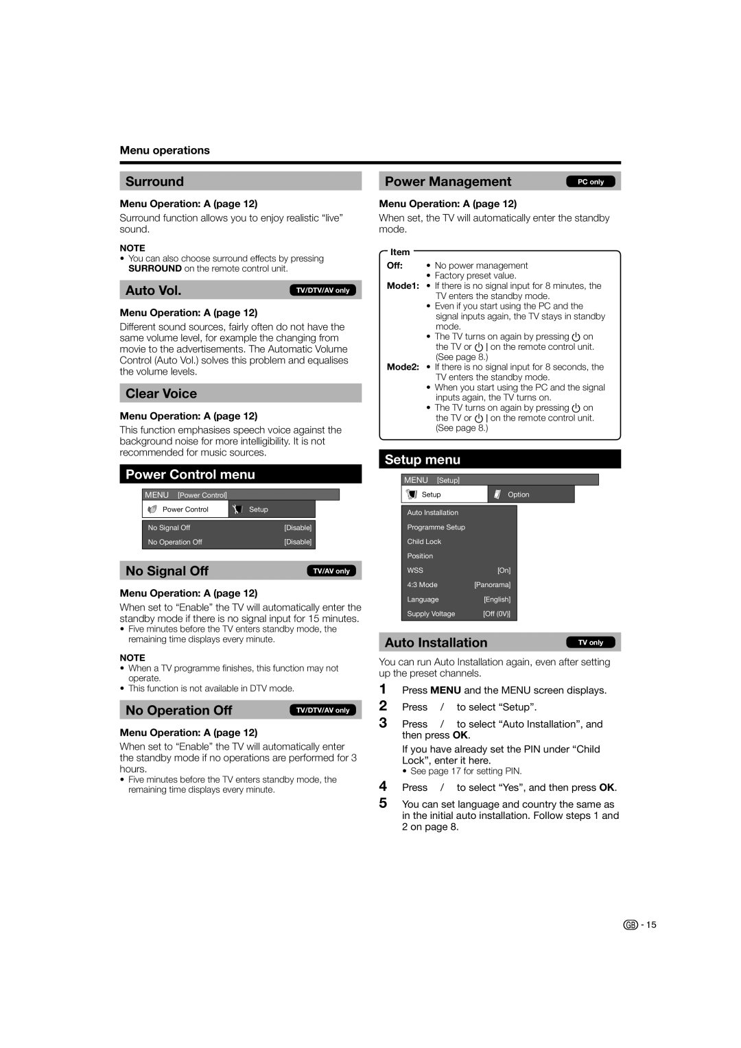 Sharp LC-26D44E, LC-26D44S Auto Vol, Power Control menu, No Signal Off, No Operation Off, Power Management, Setup menu 