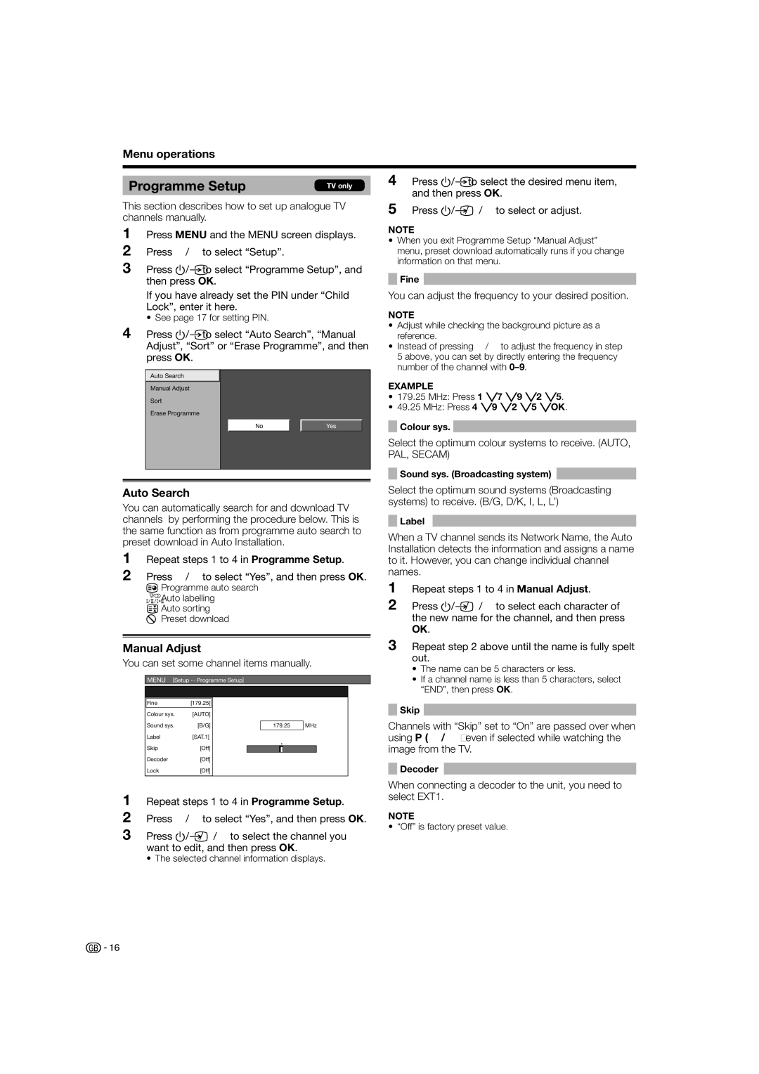 Sharp LC-26D44S, LC-26D44E Programme Setup, Auto Search, Manual Adjust, You can set some channel items manually 