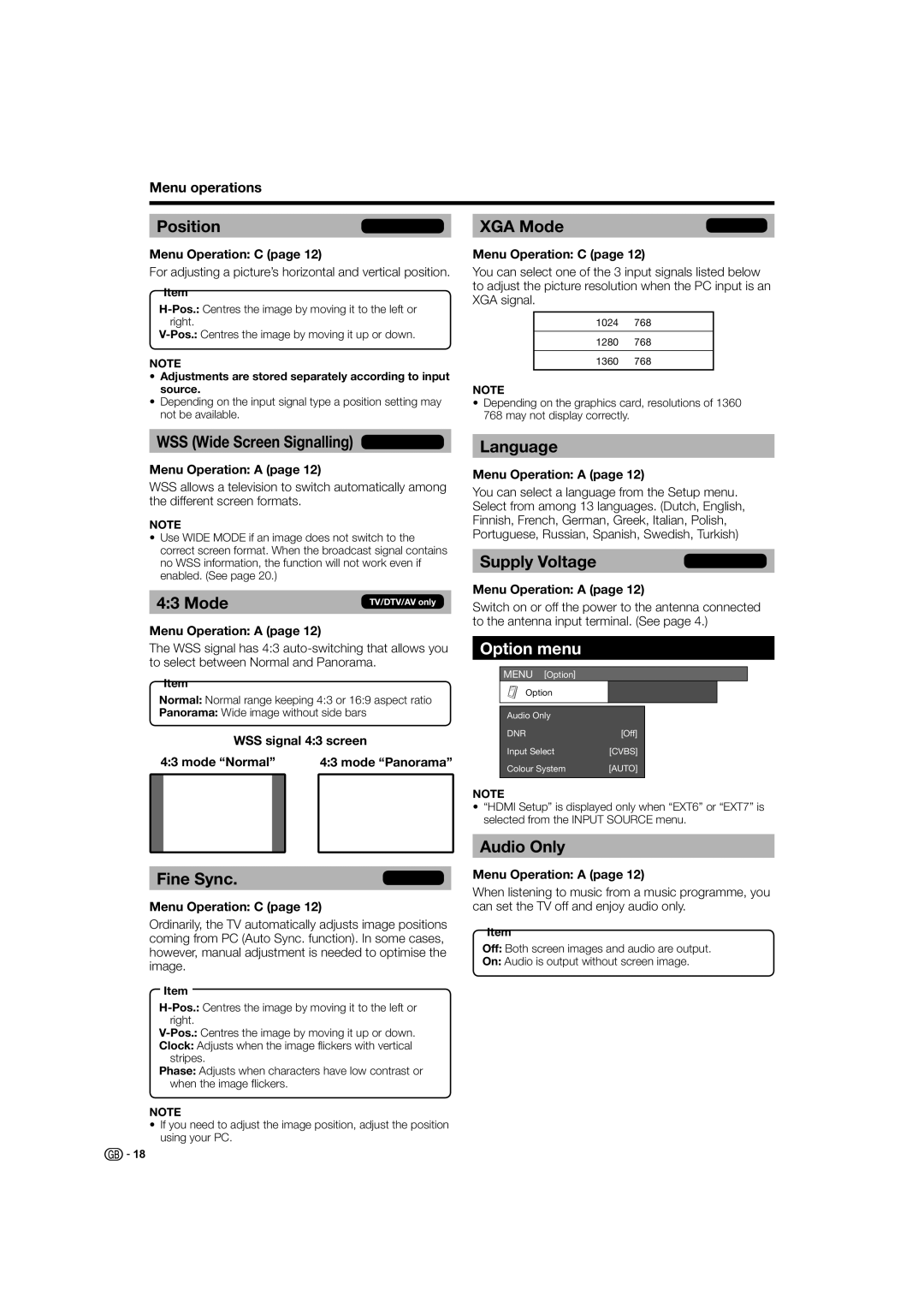 Sharp LC-26D44S, LC-26D44E operation manual Position, Fine Sync, XGA Mode, Supply Voltage, Option menu 