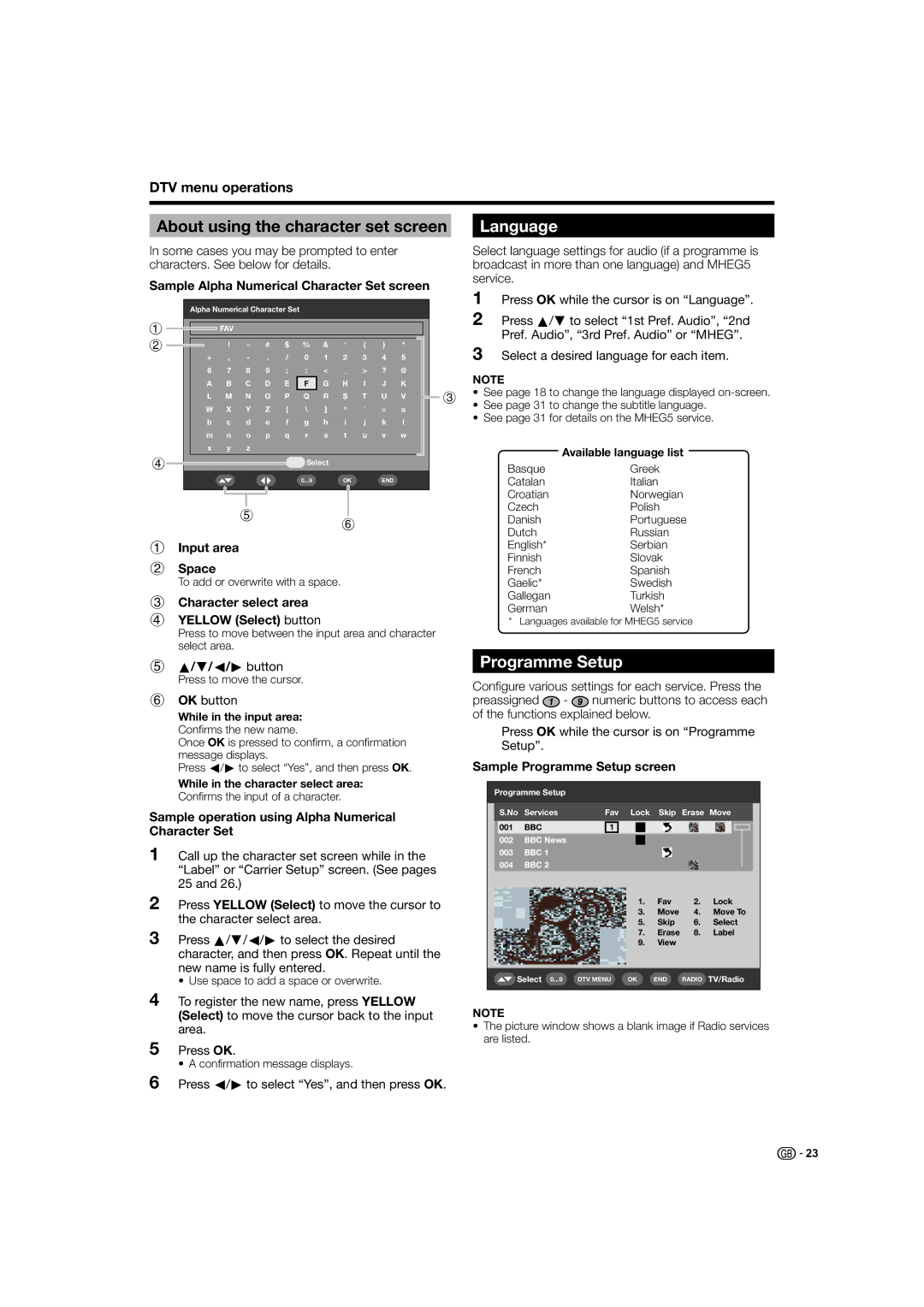 Sharp LC-26D44E, LC-26D44S operation manual About using the character set screen, Language, DTV menu operations 