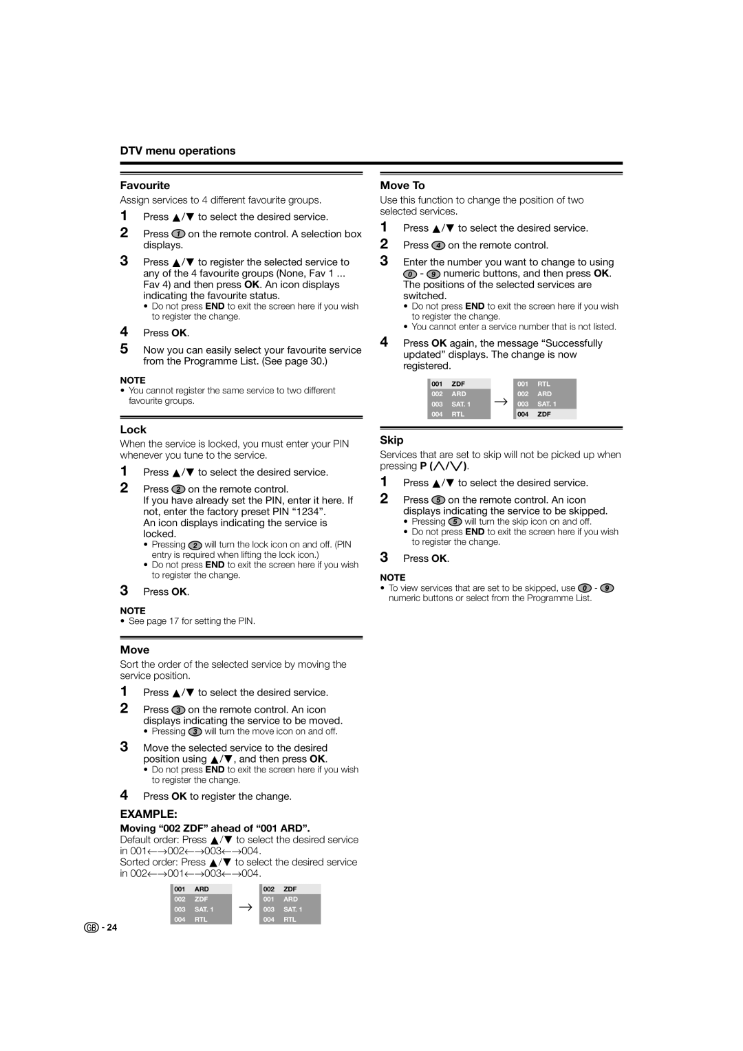 Sharp LC-26D44S, LC-26D44E operation manual DTV menu operations Favourite, Move To, Lock, Skip 