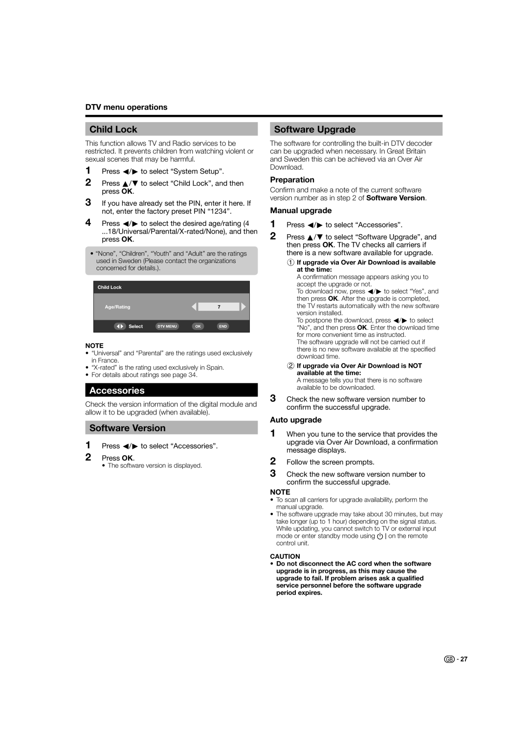 Sharp LC-26D44E, LC-26D44S operation manual Child Lock, Accessories, Software Version, Software Upgrade 