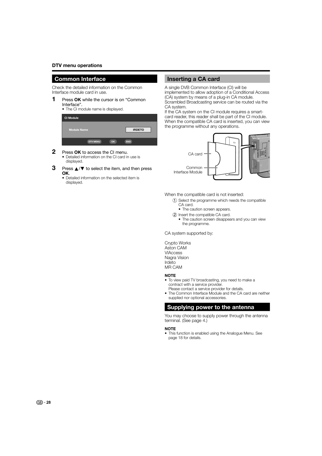 Sharp LC-26D44S, LC-26D44E operation manual Common Interface, Inserting a CA card, Supplying power to the antenna 