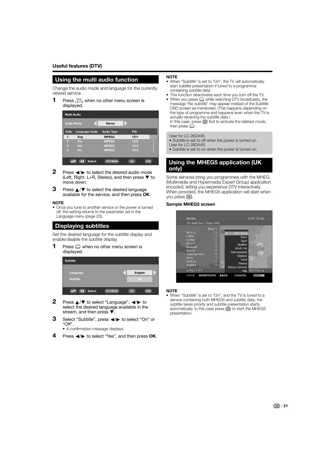 Sharp LC-26D44E, LC-26D44S Using the multi audio function, Displaying subtitles, Using the MHEG5 application UK only 