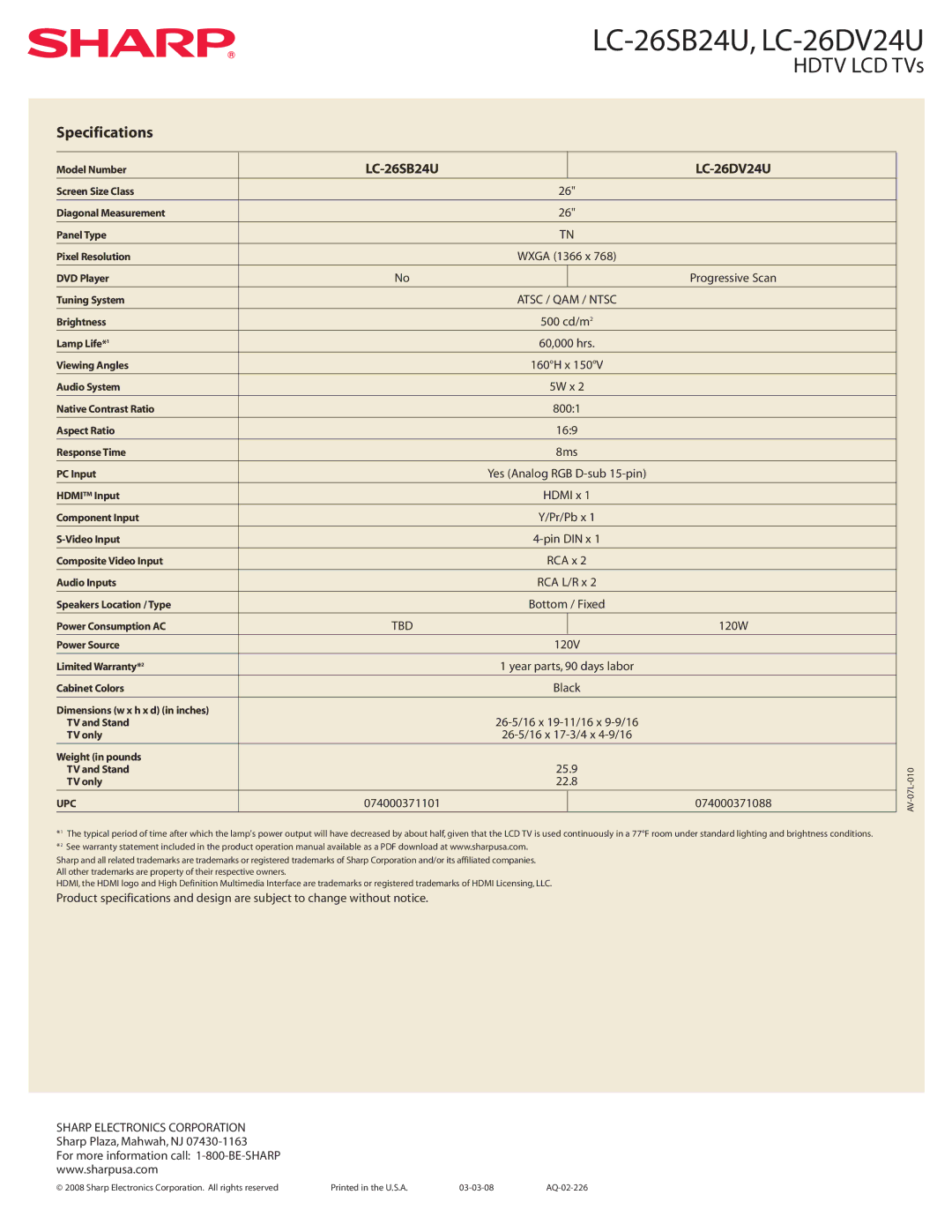 Sharp LC-26SB24U, LC-26DV24U manual Specifications, 120W, 074000371101 074000371088 