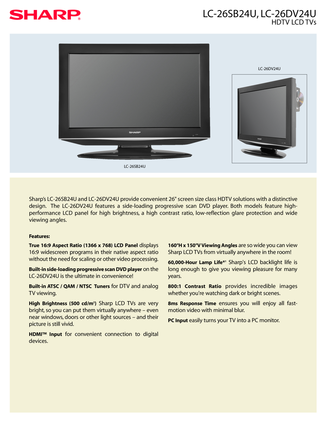 Sharp manual LC-26SB24U, LC-26DV24U, HDTV LCD TVs 