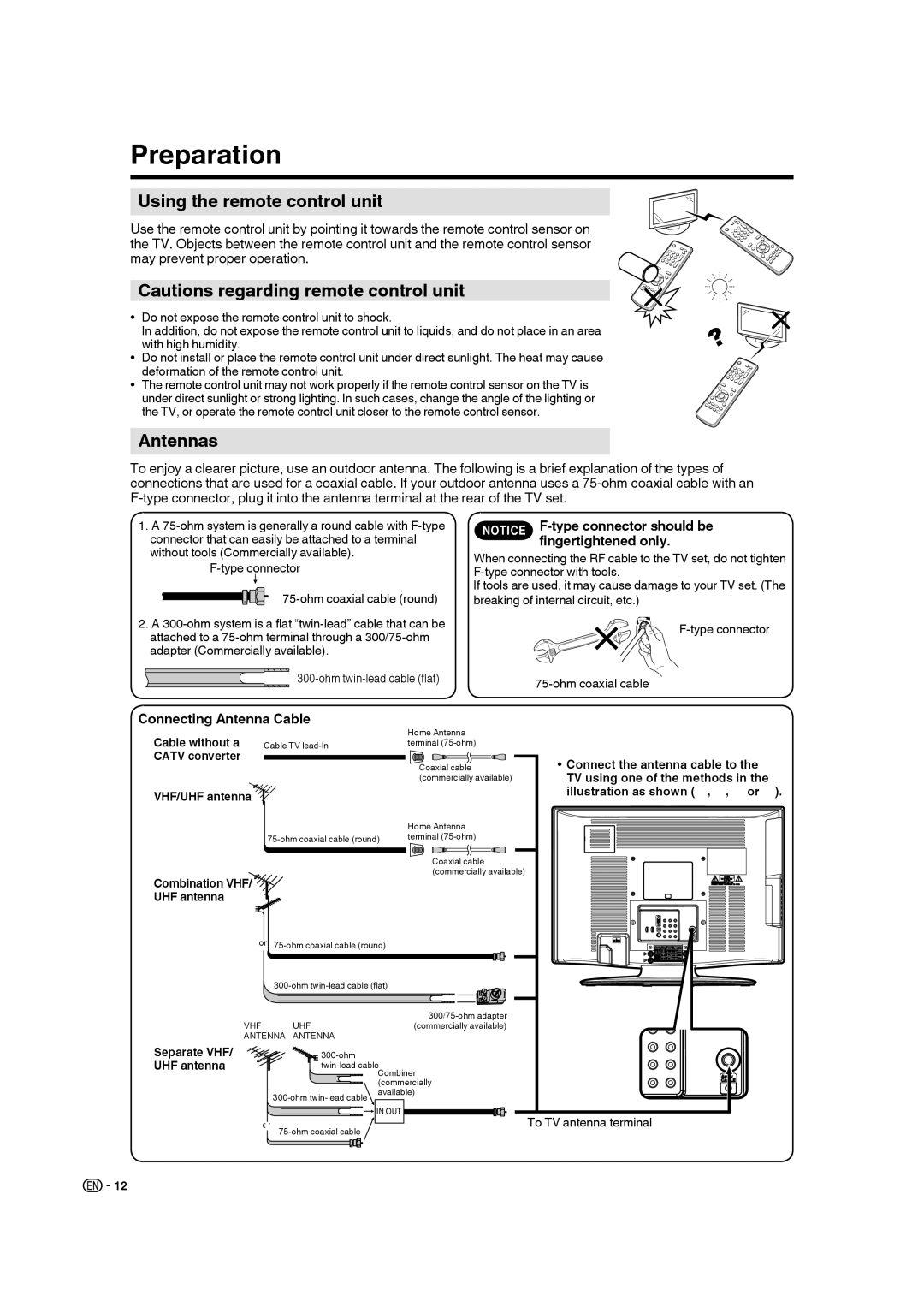 Sharp LC 26SB27UT Preparation, Using the remote control unit, Antennas, Fingertightened only, Connecting Antenna Cable 