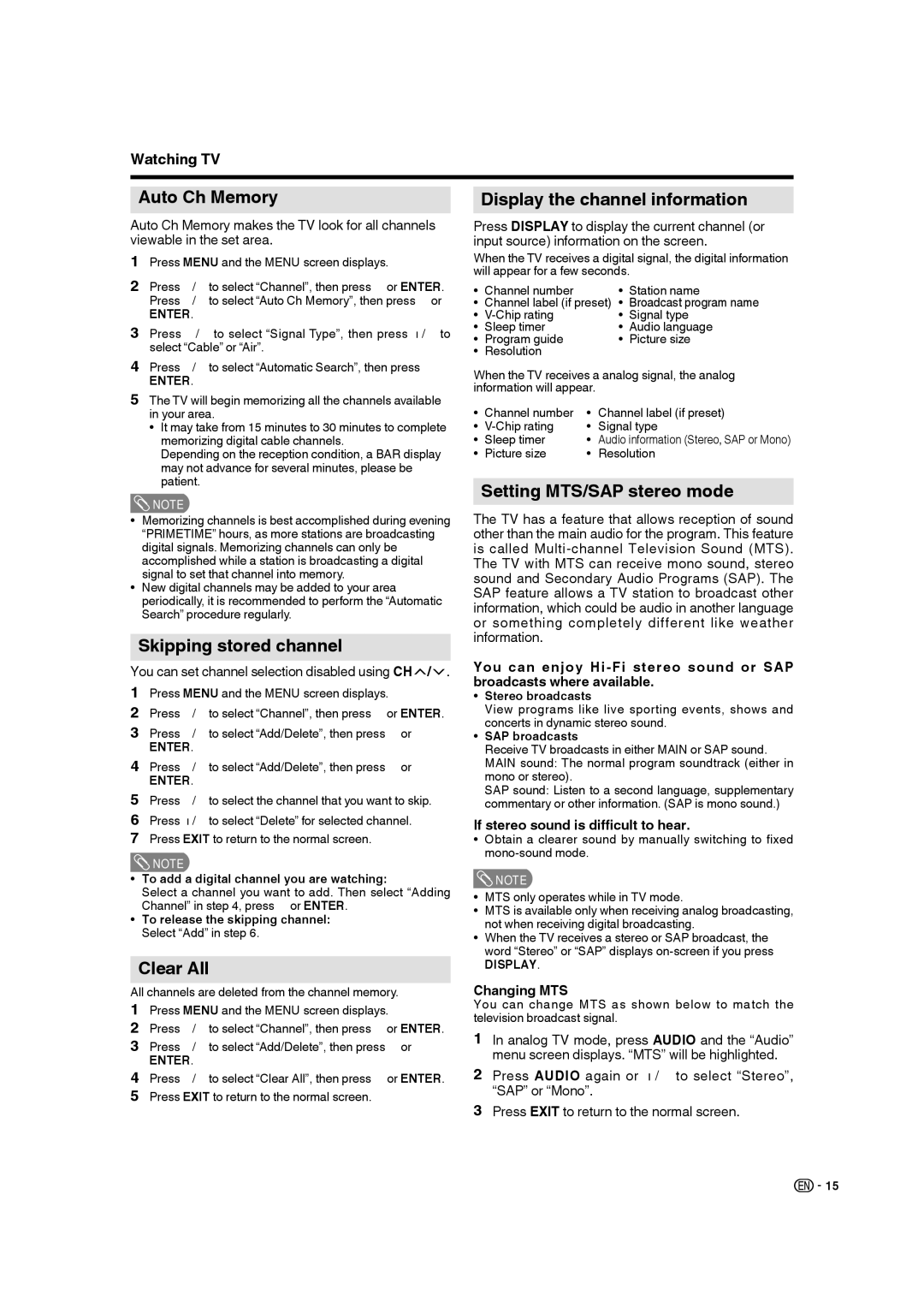 Sharp LC 26SB27UT operation manual Auto Ch Memory, Skipping stored channel, Clear All, Display the channel information 